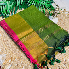NANDHINI✨💚EMERALD GREEN WITH GOLD ZARI & RANI PINK BORDER SILK COTTON SAREE (SU 802)