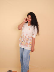 OFF WHITE WITH MULTI COLOUR FLORAL KHADI SHORT KURTHI (SU 705)