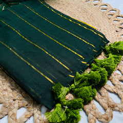 HARITHA🌿✨BOTTLE GREEN WITH GOLDEN STRIPES MUL COTTON SAREE (SU 815)