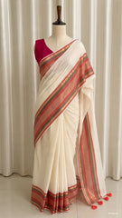 TRADITIONAL KASAVU BORDER WITH RED & GOLD STRIPES MUL COTTON SAREE (SU 891)