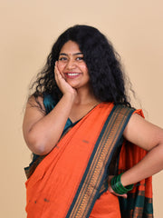 ORANGE WITH BOTTLE GREEN KALYANI COTTON SAREE (SU 732)