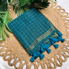 MAYOOKHAM🦚✨PEACOCK GREEN WITH GOLDEN CHECKS SOFT MUL COTTON SAREE (SU 820)
