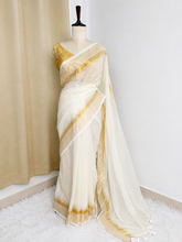 OFF WHITE GOLDEN STRIPES MUL COTTON SAREE (SU 890)