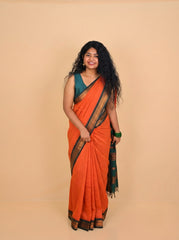 ORANGE WITH BOTTLE GREEN KALYANI COTTON SAREE (SU 732)
