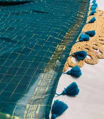 MAYOOKHAM🦚✨PEACOCK GREEN WITH GOLDEN CHECKS SOFT MUL COTTON SAREE (SU 820)