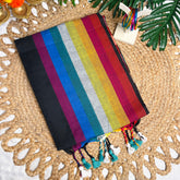 BLACK WITH MULTICOLOURED STRIPES & BORDER CHECK KHADI MUL COTTON SAREE (SU 852)
