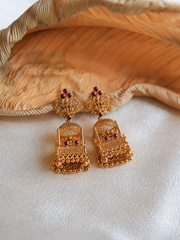 Antique Gold Ruby Red Temple Gopuram Jhumka (SJ 72)