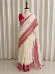 വൈദേഹി ✨TRADITIONAL KASAVU BORDER WITH PINK & GOLD STRIPES MUL COTTON SAREE (SU 875)