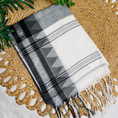 BLACK & WHITE WITH SILVER TEMPLE BORDER COTTON SAREE✨SU 811