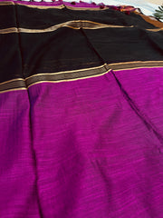 RAGINI🌸MAGENTA PURPLE & BLACK WITH GOLD ZARI BORDER KHADI MUL COTTON SAREE ( 8476