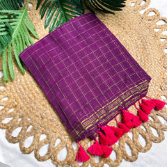 NEELAMBARI💜✨ DARK VOILET WITH GOLDEN CHECKS SOFT MUL COTTON SAREE (SU 819)