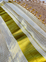 CHECK DESIGN (BIG) GOLDEN TISSUE READY TO WEAR SAREE WITH BLOUSE PIECE (SU 879)