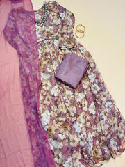 Mauve & Beige Floral Georgette Anarkali Suit Set (SU 90)