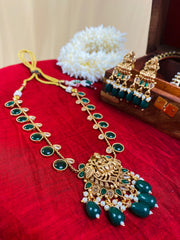 Traditional Temple Design Necklace with Earrings – Green, white & Gold (SJ 67)