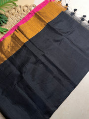 Pink and golden dual border black cotton saree (SU 801)