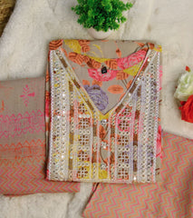 GREY KURTHI SET WITH YELLOW ,PINK FLORAL PRINT (SU 172)