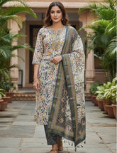 Off White With Grey And Rose Floral Printed 3 Piece Set ( SU 214 )