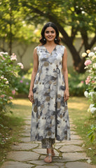 Ash V neck round print Co-ord set (SU 364)