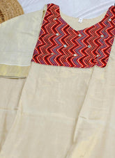 Red Kasavu Mirror Patch Work V neck Kurta Top (SU 135)