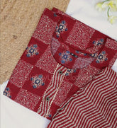 Maroon Handblock Printed Rayon Kurti with Striped Pant Set (SU 119)