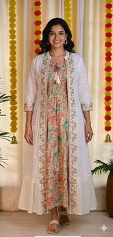 OFF WHITE SLEEVELESS FROCK WITH COAT (SU 246)