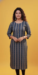 Blue & Golden Striped Straight Kurti with Front Button (SU 13)