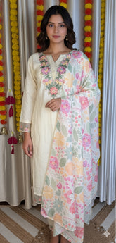 Off white hakoba salwar suit with floral thread work (SU 252)