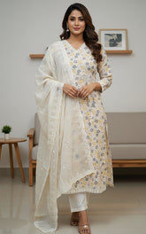 Cream Hakoba Kurtha Set with Yellow & Grey Floral Print (SU 111)