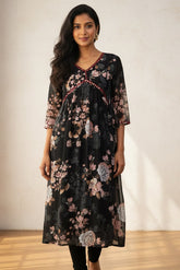 Black Alia-cut Floral Feeding Kurta with zipper (SU 113)