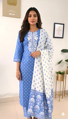 Elegant Ocean Blue Floral Cotton Kurta Set (SU 30)