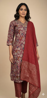 MAROON KURTHI SET WITH BLUE FLORAL EMBROIDERY V NECK (SU- 186)