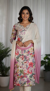 Multicolor Floral Printed Cotton Salwar Set with Embroidered Neck (SU 206)