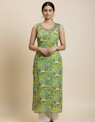 Lime Green Floral Print Kurta with Embellished Neck(Sleeves attached)-SU 33