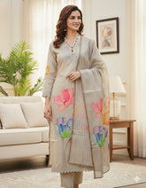 BEIGE SALWAR SET WITH FLORAL PRINT & NECK WORK (SU 225)