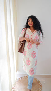 CREAM V-NECK SOFT RAYON FLORAL KURTA - SU 419