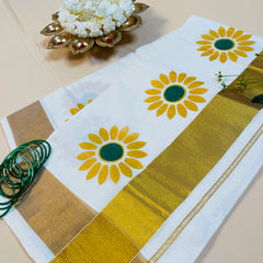 Sunflower Print Cotton Set Saree with Golden Border🌻