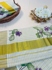 Purple Lotus Print Cotton Set Saree with Golden Border