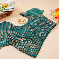 Festive Green Brocade Silk Blouse with Copper Zari Work – Ready to Wear