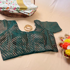 Festive Green Brocade Silk Blouse with Copper Zari Work – Ready to Wear