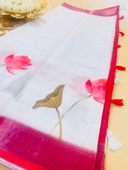 SU 568 White Linen Saree with Pink Lotus Print - Elegant Casual Wear