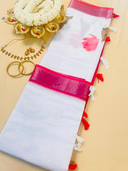 SU 568 White Linen Saree with Pink Lotus Print - Elegant Casual Wear