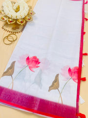 SU 568 White Linen Saree with Pink Lotus Print - Elegant Casual Wear