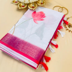 SU 568 White Linen Saree with Pink Lotus Print - Elegant Casual Wear