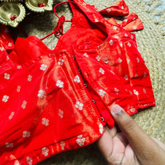 Reddish orange Silk Brocade Blouse with Zari Buttas