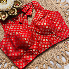 Red Brocade Back Tie-Up Blouse with Zari Floral Motifs