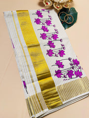 CHITHIRA Purple Lotus Motif & Gold Zari Border