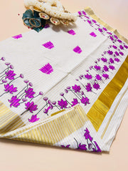 CHITHIRA Purple Lotus Motif & Gold Zari Border