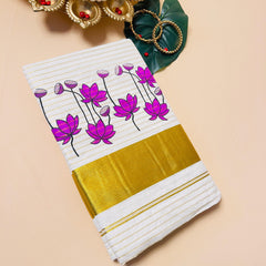 CHITHIRA Purple Lotus Motif & Gold Zari Border