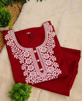 DARK RED CHIKANKARI KURTHA TOP & PANTS (SU 156)