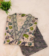 CREAM KURTHA SET WITH GREEN , BLUE FLORAL PRINTS (SU 154)